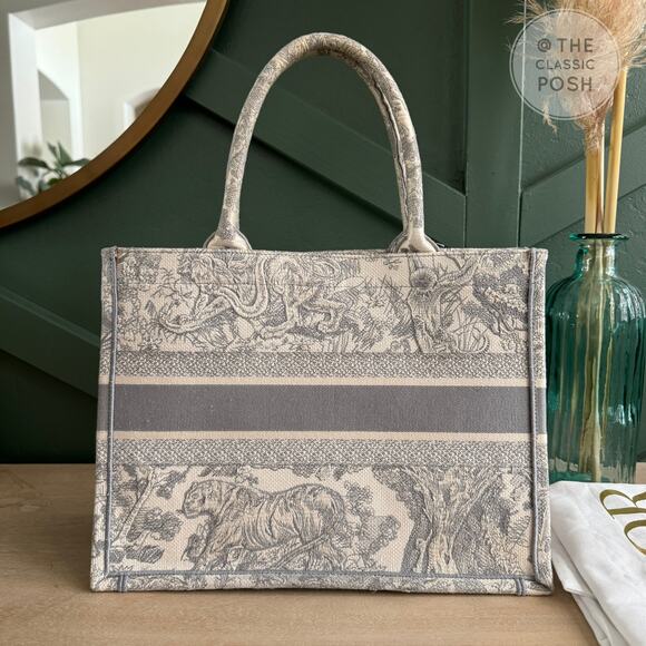 EUC Christian Dior Book Tote Toile De Jouy Ecru Gray Medium - Picture 3 of 16